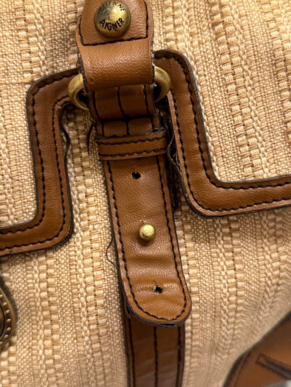 Etienne Aigner Woven Straw Leather Satchel Bag Tan Vintage Coastal - Picture 9 of 16
